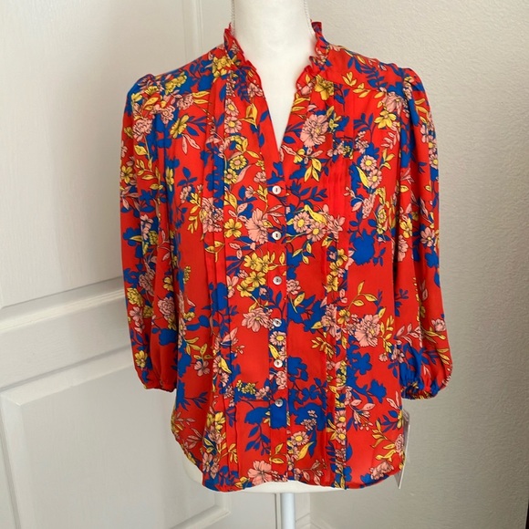 Nanette Lepore red multicolor floral blouse Size XS feels like medium size - Picture 2 of 16